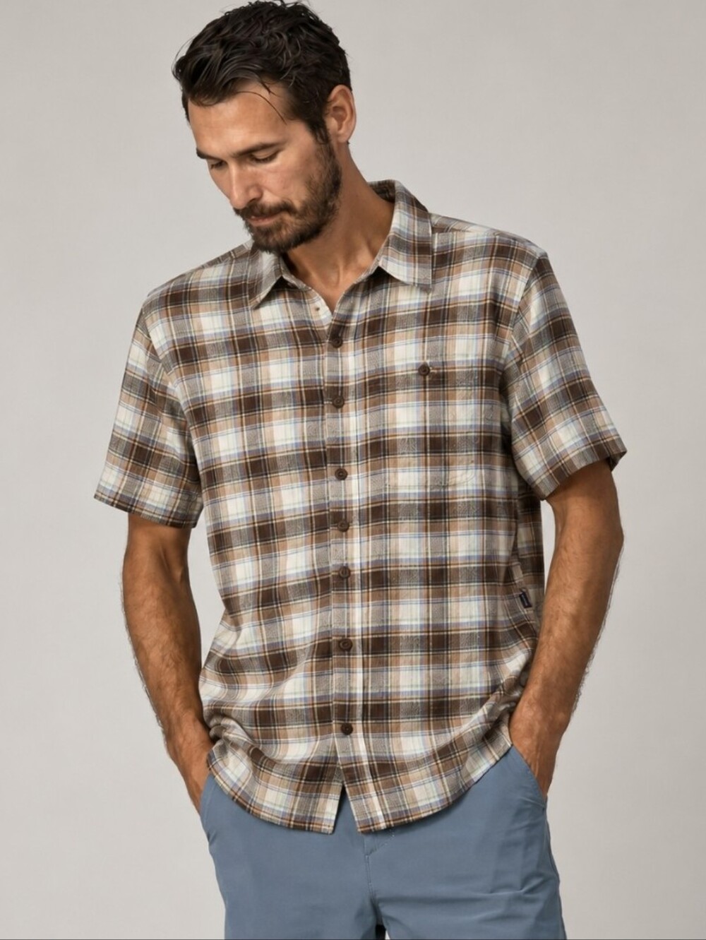 Patagonia Plaid Button Up Shirt Brown Short Sleeve Organic Cotton Men's Sz Large